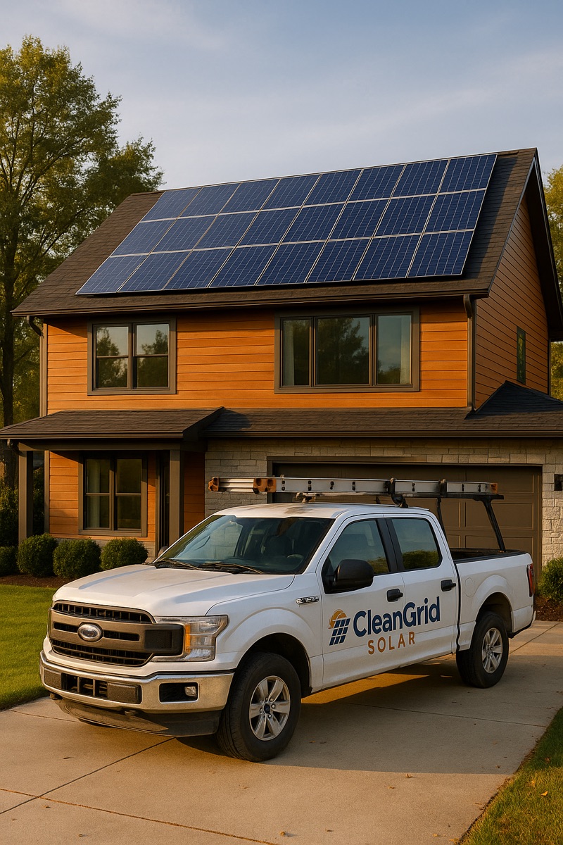 A modern home with rooftop solar panels and a CleanGrid Solar service truck parked in the driveway, lit by golden-hour sunlight.